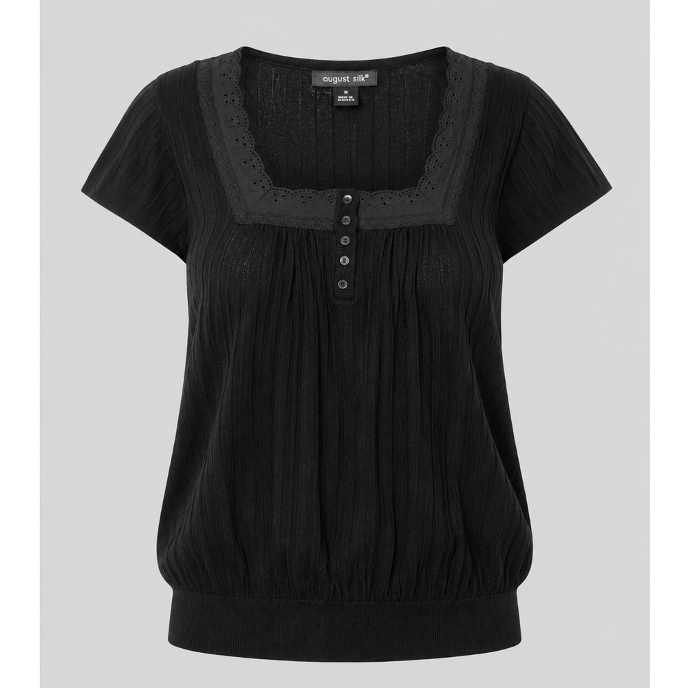 Vintage August Silk Black Ribbed Knit Eyelet Lace Top Medium Y2K Stretch Blouse